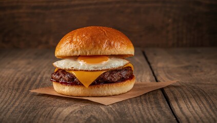 Hamburger featuring beef patty and egg on a wooden surface, protein-rich meal