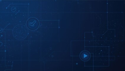 Circular scanning devices analyzing information with a play icon on a deep blue backdrop. Digital network interface, data flow, connectivity, and worldwide communication, computer-generated graphic.