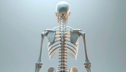 Realistic 3D rendering of human spine and shoulder bones against a bright gradient background with some shadows