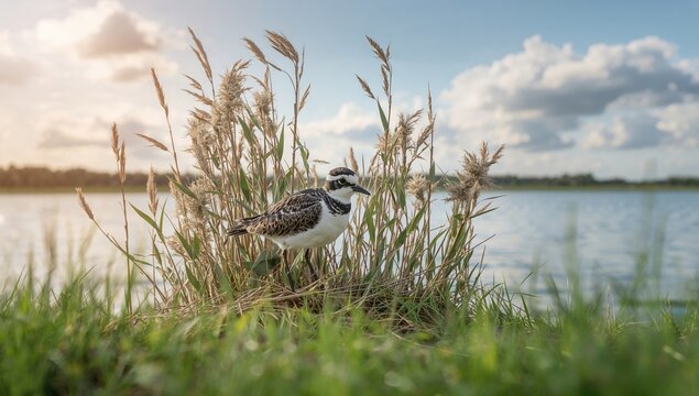Shore vegetation hiding a Killdeer bird