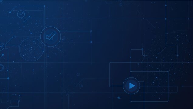 Circular scanning devices analyzing information with a play icon on a deep blue backdrop. Digital network interface, data flow, connectivity, and worldwide communication, computer-generated graphic. - Powered by Adobe