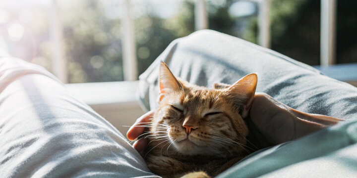 Kindness to animals Concept and an orange cat is lying on someone's lap in a cozy atmosphere.