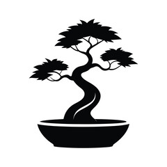 Black silhouette of a bonsai tree in a pot potted plant