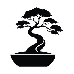 Black silhouette of a bonsai tree in a pot with full foliage