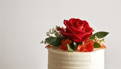 Cream cheese decorated cake with red rose accents, ideal for celebration occasions