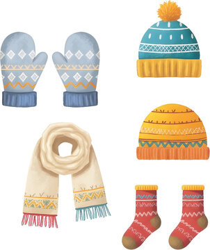 Winter Clothes Collection &ndash; Gloves, Caps, Socks and Scarf Cartoon Illustration