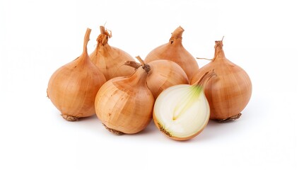 Fresh onion bulbs on a white backdrop, beneficial for culinary use