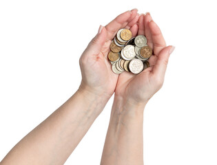 Woman hands holding Russian ruble coins, representing poverty, saving money, debt, and economic problems. Transparent background PNG for finance or crisis concepts.
