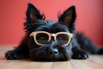Naklejka premium simple A cute black Scottish Terrier rests adorably on the floor wearing sparkly glasses with festive decorations