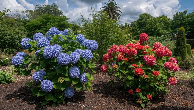 Vibrant Hydrangea blooms in a garden setting, seasonal beauty