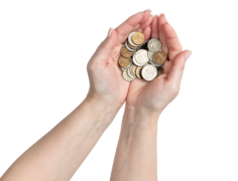 Woman hands holding Russian ruble coins, representing poverty, saving money, debt, and economic problems. Transparent background PNG for finance or crisis concepts.
