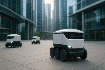 Fleet of autonomous delivery robots navigating a modern city street with glass skyscrapers urban