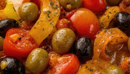 Close-up of a dish featuring assorted olives and vegetables, garnished with oil and seasonings, fiber-dense choice