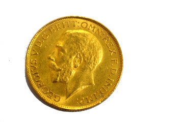 The obverse side of King George V gold sovereign coin, features a left-facing portrait of King George V, sovereigns are popular among UK investors, gold asset investment, market price of gold concept