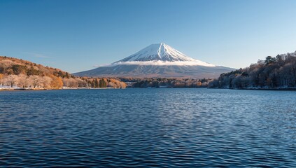 Fototapeta premium Kawaguchiko Lake with Fuji Mountain in the background, seasonal change
