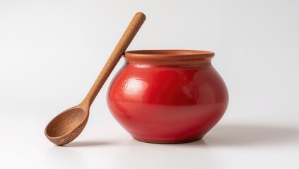 Terracotta cooking vessel accompanied by a wooden scoop on a plain white surface