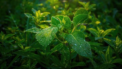 Fresh Green Leaves Covered in Morning Dew, symbolizing seasonal change