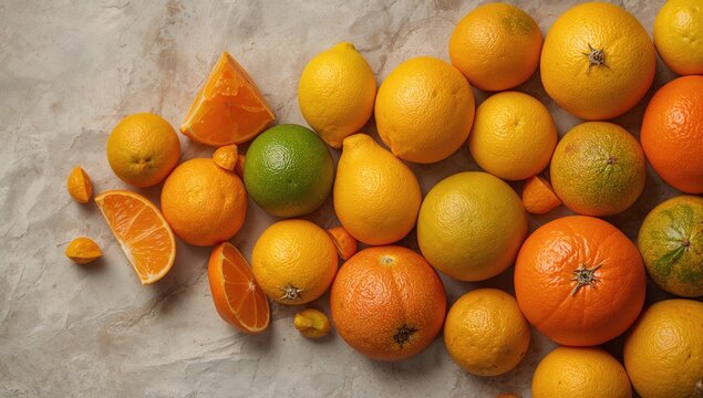Citrus fruit arrangement from above, vibrant colors for editorial header background