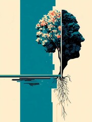 inside head  concept  :A tree with roots shaped like a brain, half in shadow and half in sunlight, depicting the balance between struggle and growth.