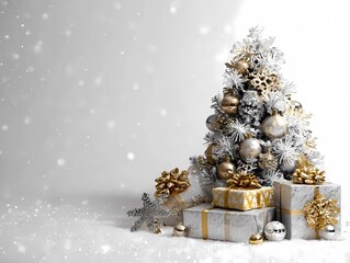 Silver Christmas tree decorated with silver and gold decorations and Christmas gifts on a white background. New Year card with copy space for text and snowflakes falling