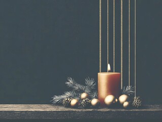 Christmas background First Advent candle with natural Xmas decoration, branches and pine cones on rustic wood with magic lights