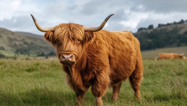Long-haired cattle grazing in a grassy field - Powered by Adobe