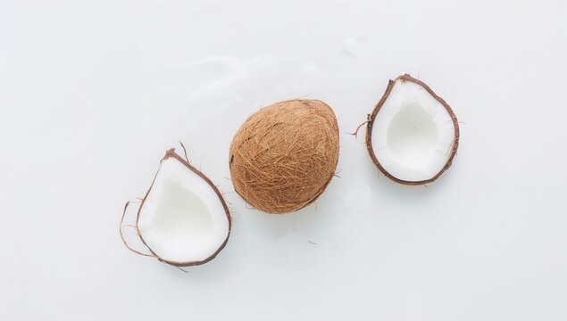 Halved and whole coconuts on a white surface, beneficial coconut oil content