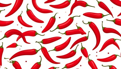 Pattern of red chili peppers scattered randomly across a white background, some overlapping, with small red dots