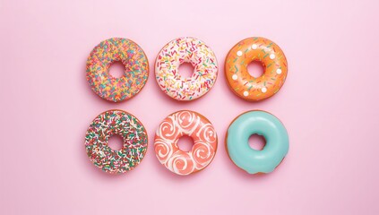 Fototapeta premium Wide-angle shot of six vibrant sprinkled and iced donuts against a plain pastel pink backdrop