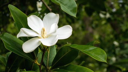 Obraz premium Magnolia grandiflora, large white blooms of the Southern magnolia tree, seasonal beauty