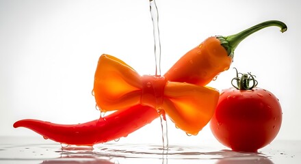 Creative arrangement of peppers and tomato with water droplets
