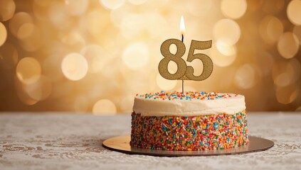 Birthday card showcasing a cake adorned with an 85 candle, celebrating longevity