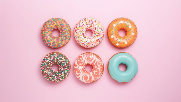 Wide-angle shot of six vibrant sprinkled and iced donuts against a plain pastel pink backdrop
