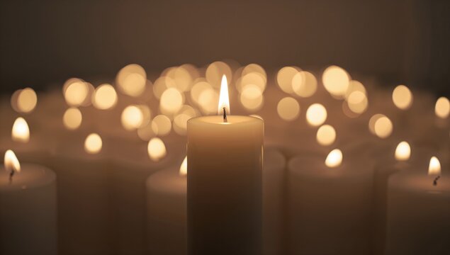 Candle illuminated by numerous blurred flames, fostering a reflective ambiance and honoring memories
