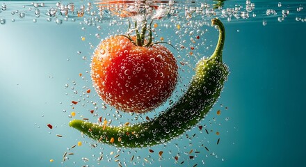 Red strawberry and green chili pepper splash in water