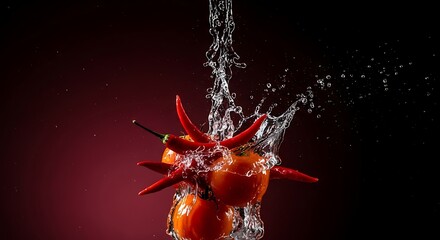 Red chili peppers splashing water in dramatic lighting