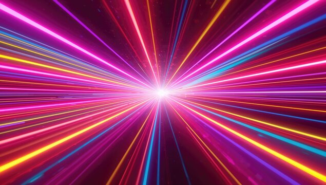3D rendered abstract background featuring vibrant pink and yellow neon rays with glowing lines, suitable for digital design projects