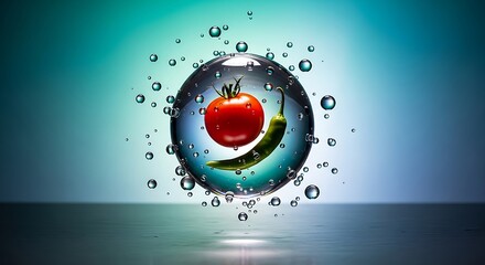 Tomato and pepper encased in water droplet with splashes