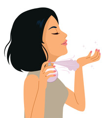 Cartoon vector illustration of a woman applying perfume on her hand isolated on transparent background. Profile avatar for beauty, fragrance, cosmetics branding and feminine lifestyle concepts