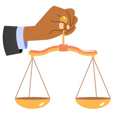 Cartoon vector illustration of a male hand holding a balance scale symbolizing law and justice, isolated on transparent background. Clip art for legal services, law firms and ethical concept visuals.