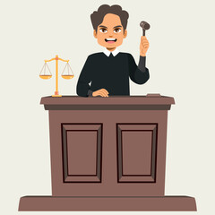 Cartoon vector illustration of a Latino male judge holding a gavel hammer isolated on white background. Drawing for law, courtroom, decision-making and justice-related concepts