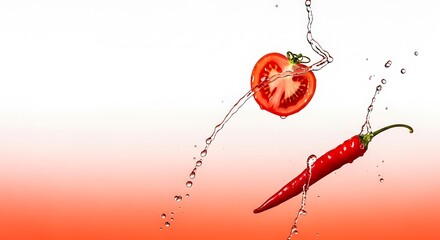 Fresh tomato slice and red chili pepper splash