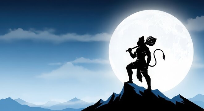Silhouette of hanuman standing on mountain peak against full moon