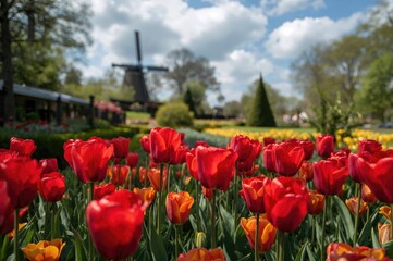 Bright red tulips blooming in a scenic floral garden during spring and summer seasons