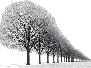 Elegant symmetrical line art of tall bare trees forming a perspective row, fine black contour detailing, isolated on white background, minimal forest illustration.