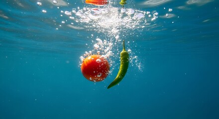 Fresh tomato and chili pepper splash underwater