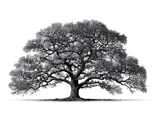 Elegant Black Oak Tree Line Drawing on White Background