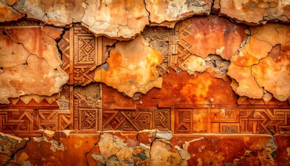 Close-up of aged, textured wall exhibiting intricate geometric patterns beneath crumbling plaster in warm tones