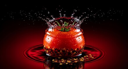 Dramatic splash of red liquid in a decorative glass