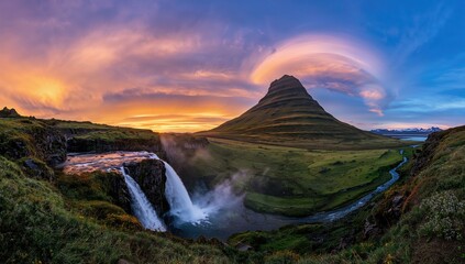 Obraz premium Breathtaking view of a summer sunset behind a mountain featuring a waterfall and vibrant pileus clouds